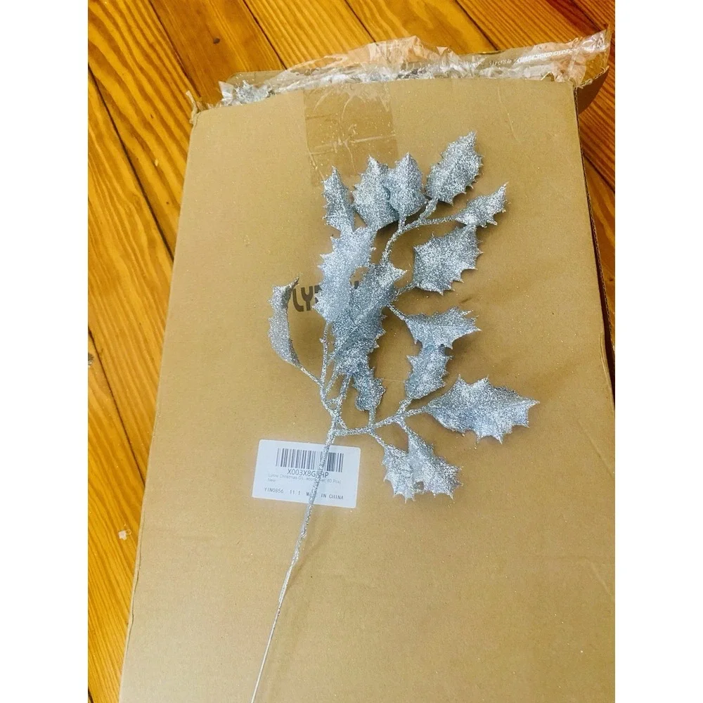New Set Of 60 Silver Glitter  Branch Christmas Leaf Stems 15 Inch